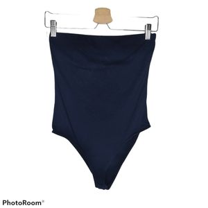 *Ambiance Navy Side Stripe Strapless Bodysuit Sporty Knit Stretch Athletic Med